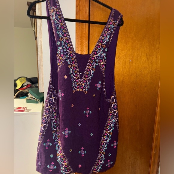 Free People Dress Heavily Embroidered Purple Size S Tie Back Mini V Neck Boho - Picture 5 of 8